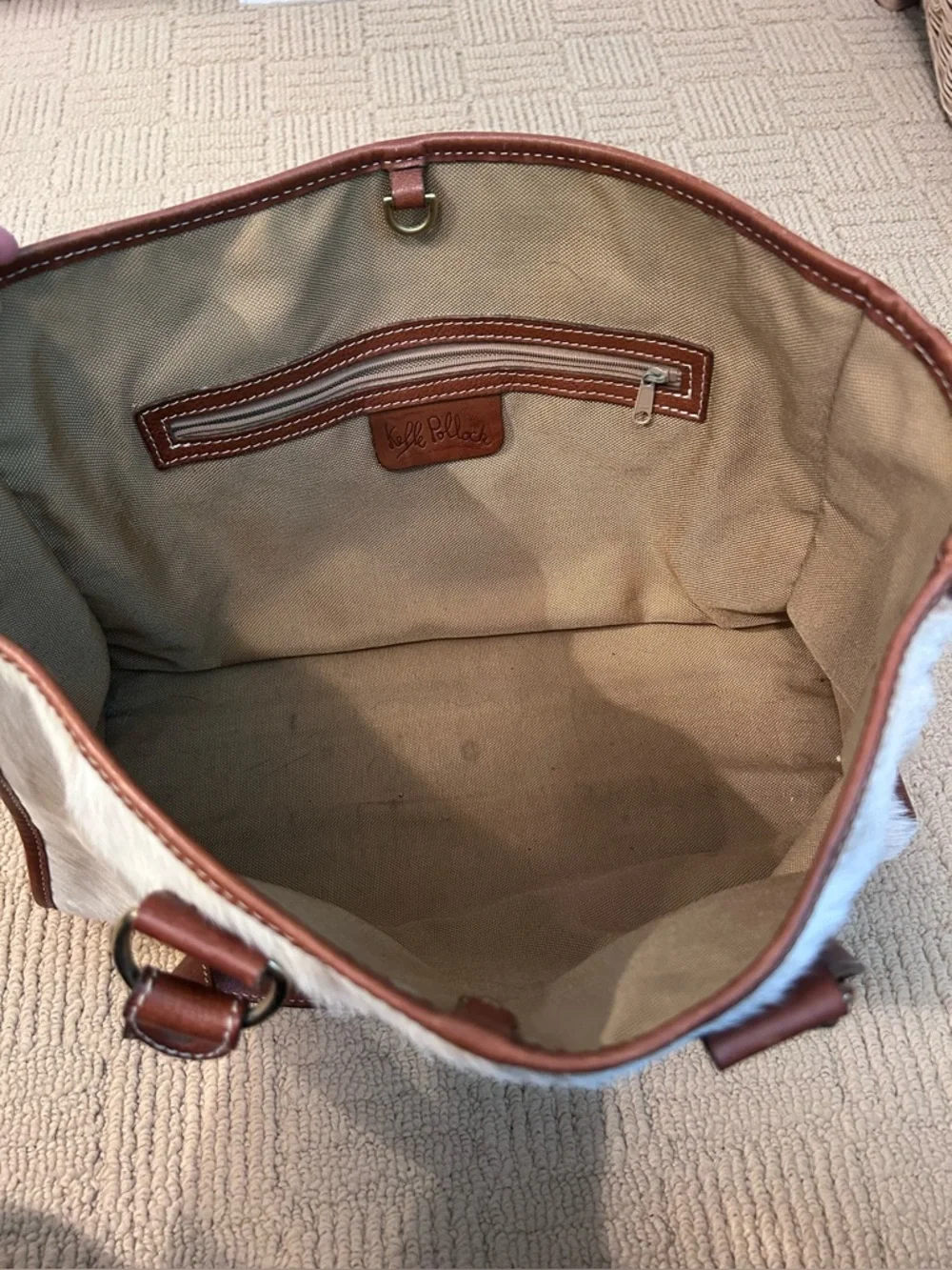 Leather-Trim White and Brown Haircalf Tote Bag - Picture 3 of 3